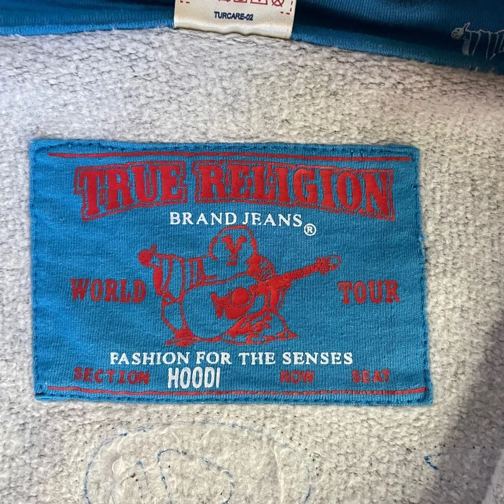Y2K True Religion Raised Spellout Full Zip Hoodie Charcoal Blue Men’s 2XL🧡🎀